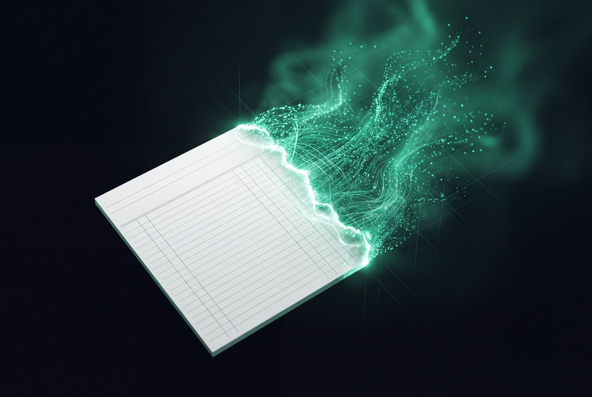 Abstract render: a thin emerald line passing cleanly through a stack of dark plates