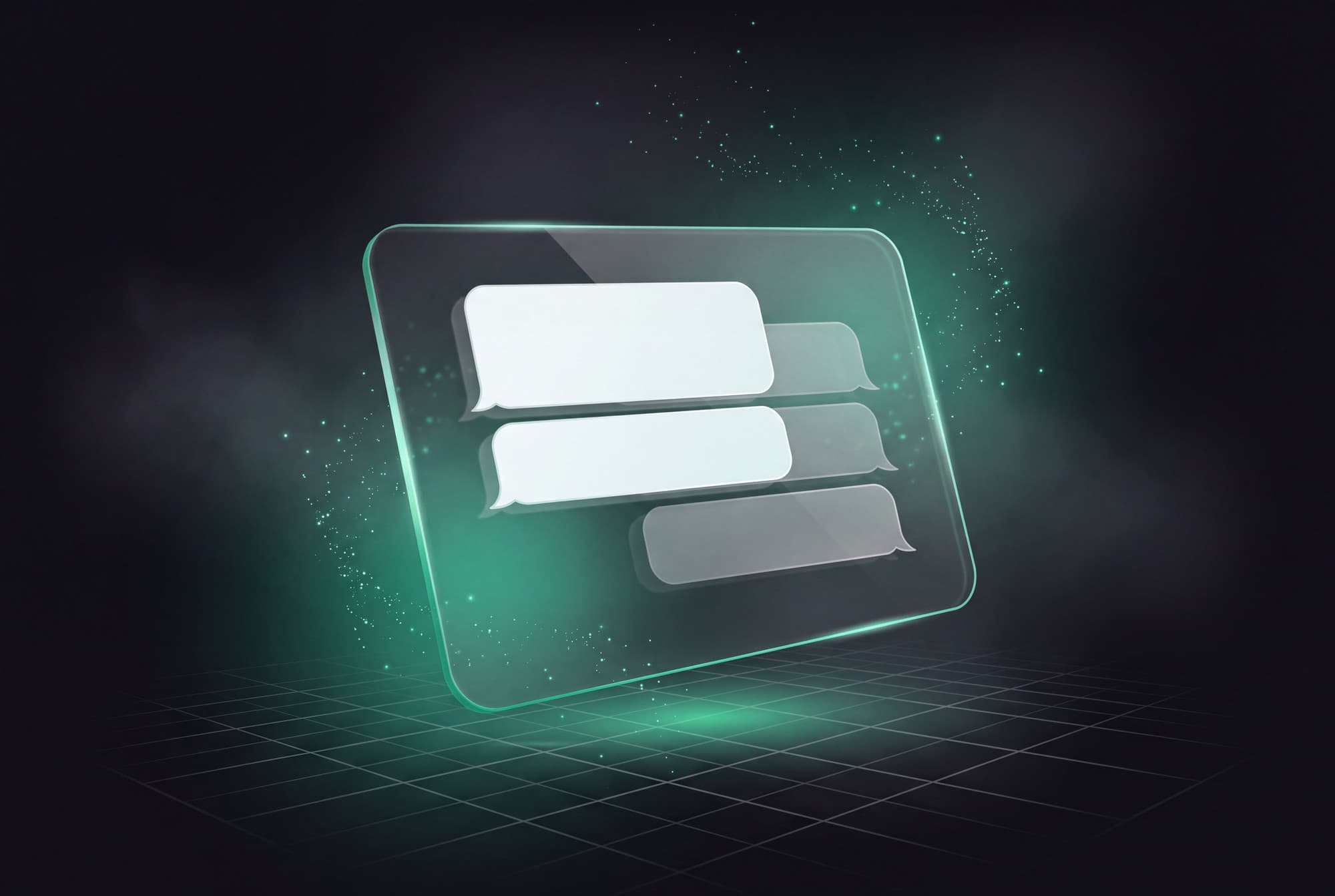 Abstract render: one lit message bubble floating above a grid of dim ones