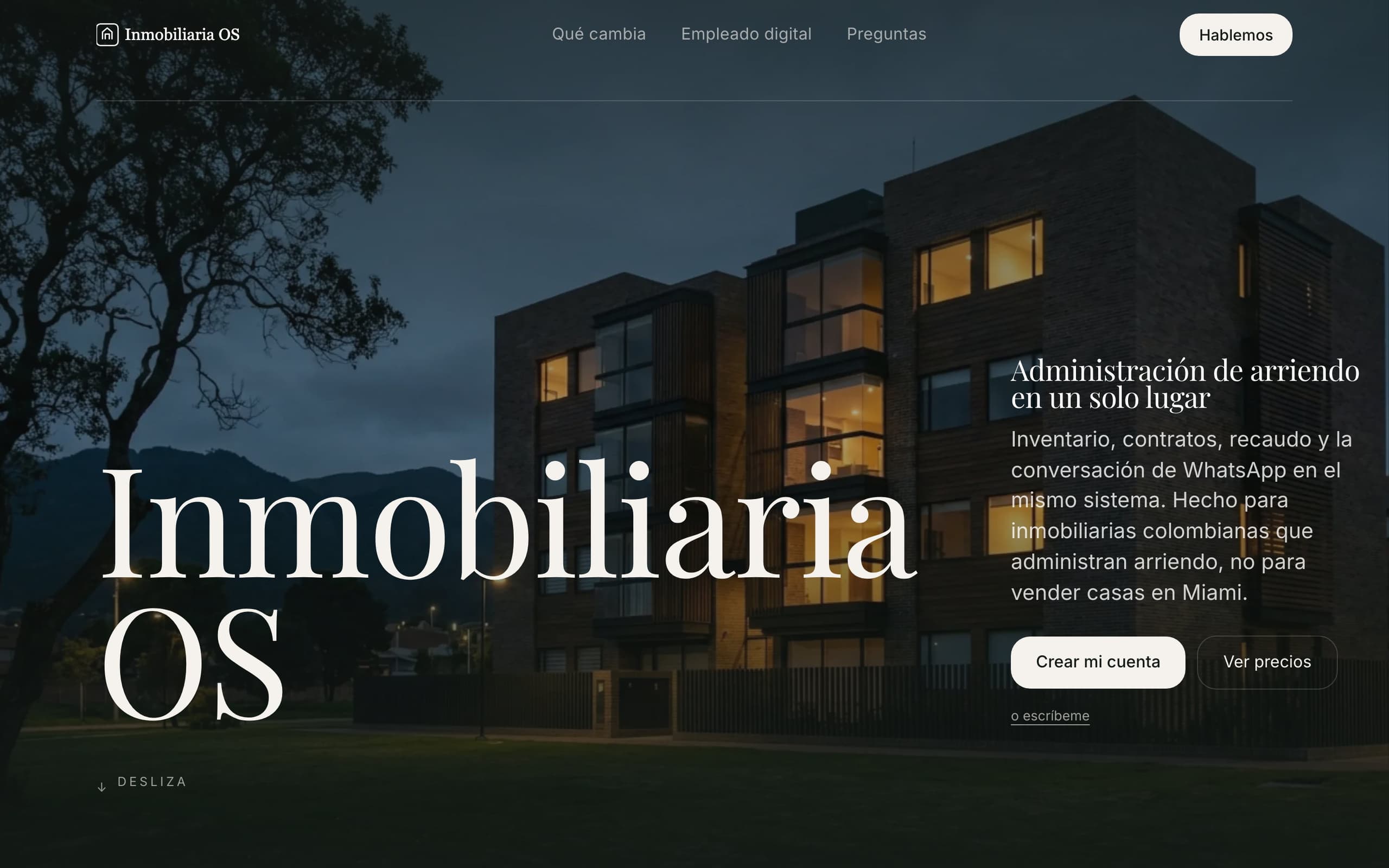 La página de inicio de Inmobiliaria OS